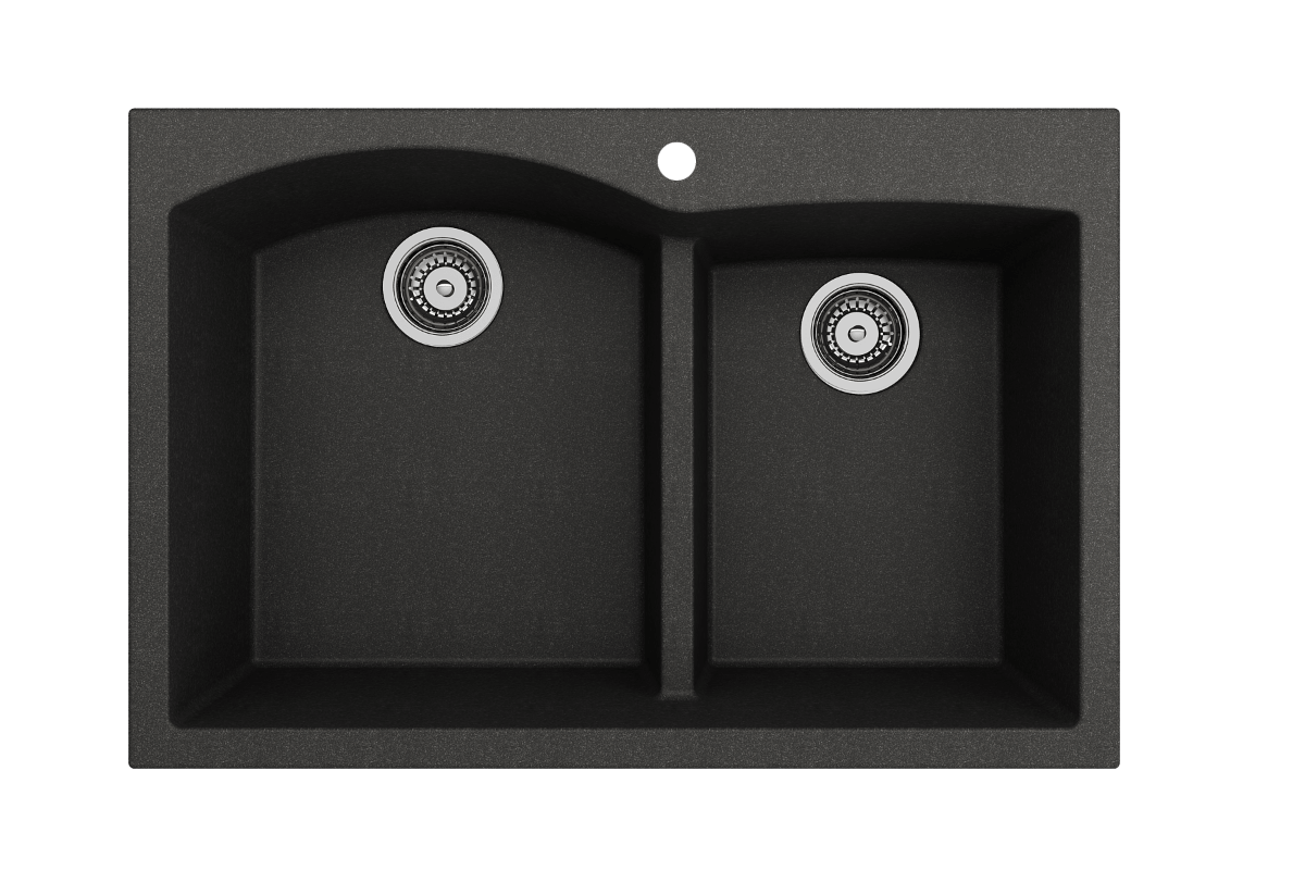 BOCCHI CAMPINO DUO 33" Dual Mount 60/40 Double Bowl Granite Kitchen Sink with Strainers - top view, black finish