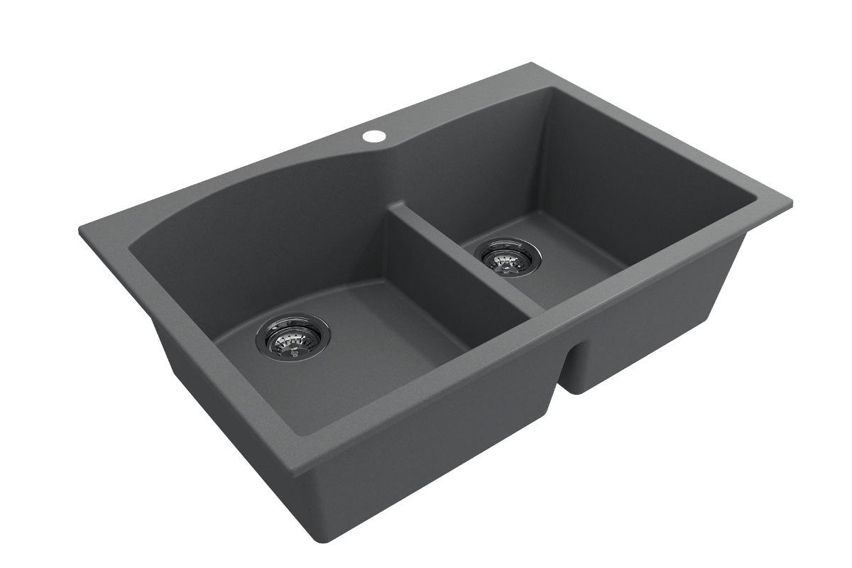 BOCCHI CAMPINO DUO 33" Dual Mount 60/40 Double Bowl Granite Kitchen Sink with Strainers in sleek gray finish, top view.