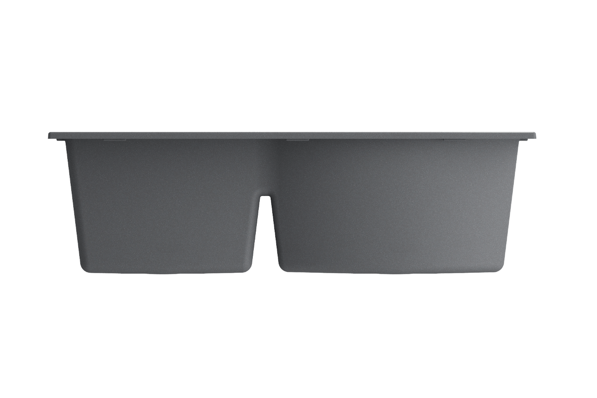 BOCCHI CAMPINO DUO 33" Dual Mount 60/40 Double Bowl Granite Kitchen Sink with Strainers in dark gray, front view.