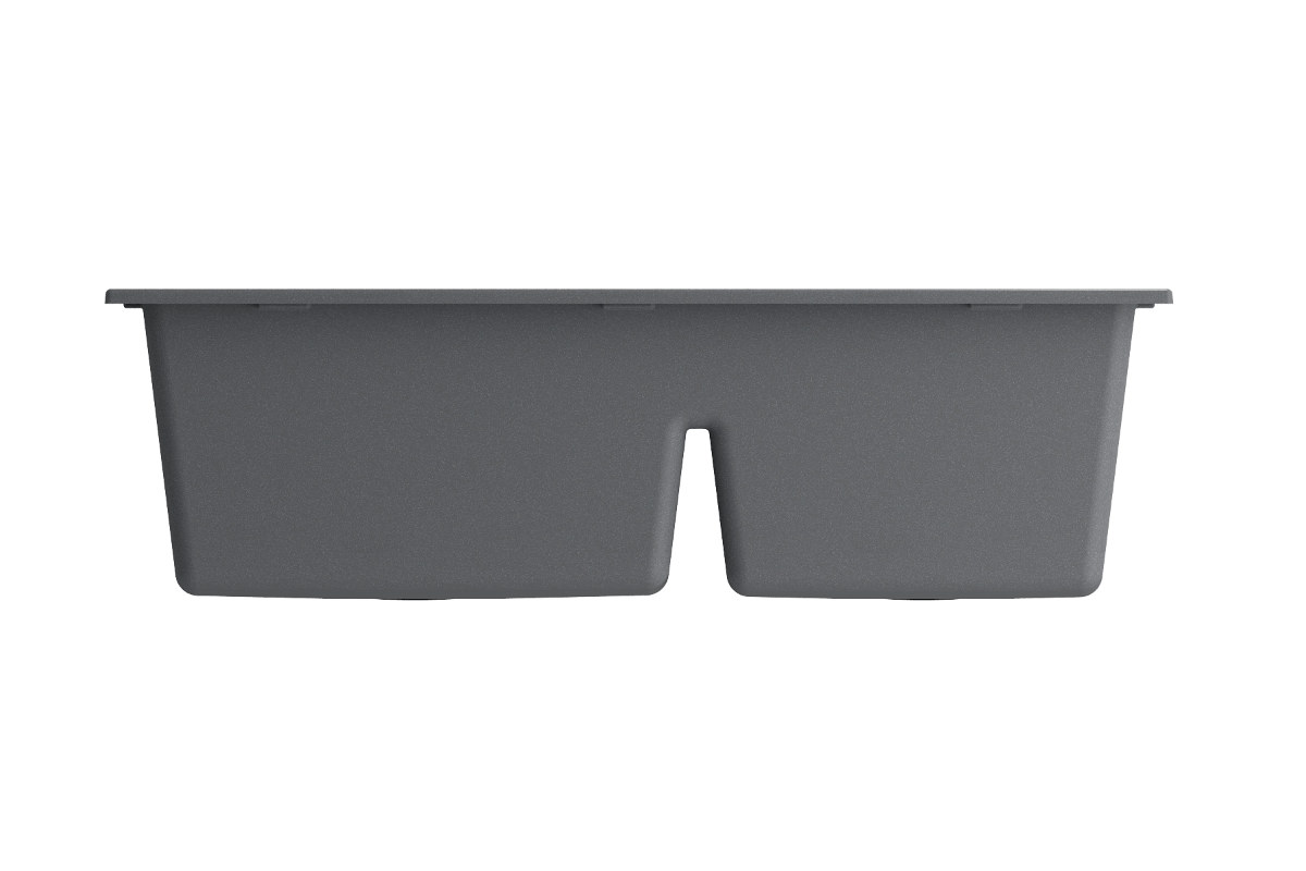 BOCCHI CAMPINO DUO 33" Dual Mount 60/40 Double Bowl Granite Kitchen Sink with Strainers in sleek gray finish, front view.