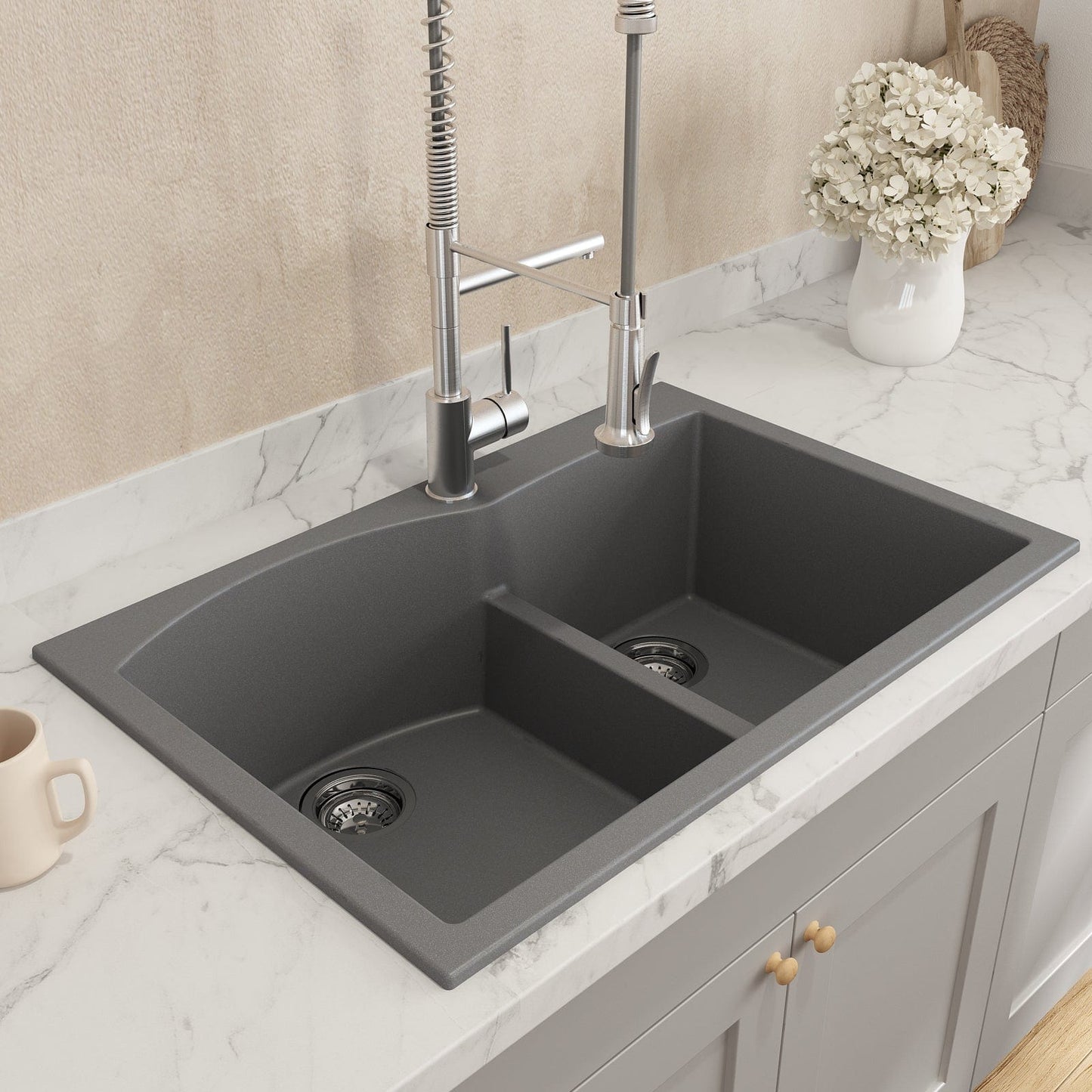 BOCCHI CAMPINO DUO 33" Dual Mount 60/40 Double Bowl Granite Kitchen Sink with Strainers in Concrete Gray, top view