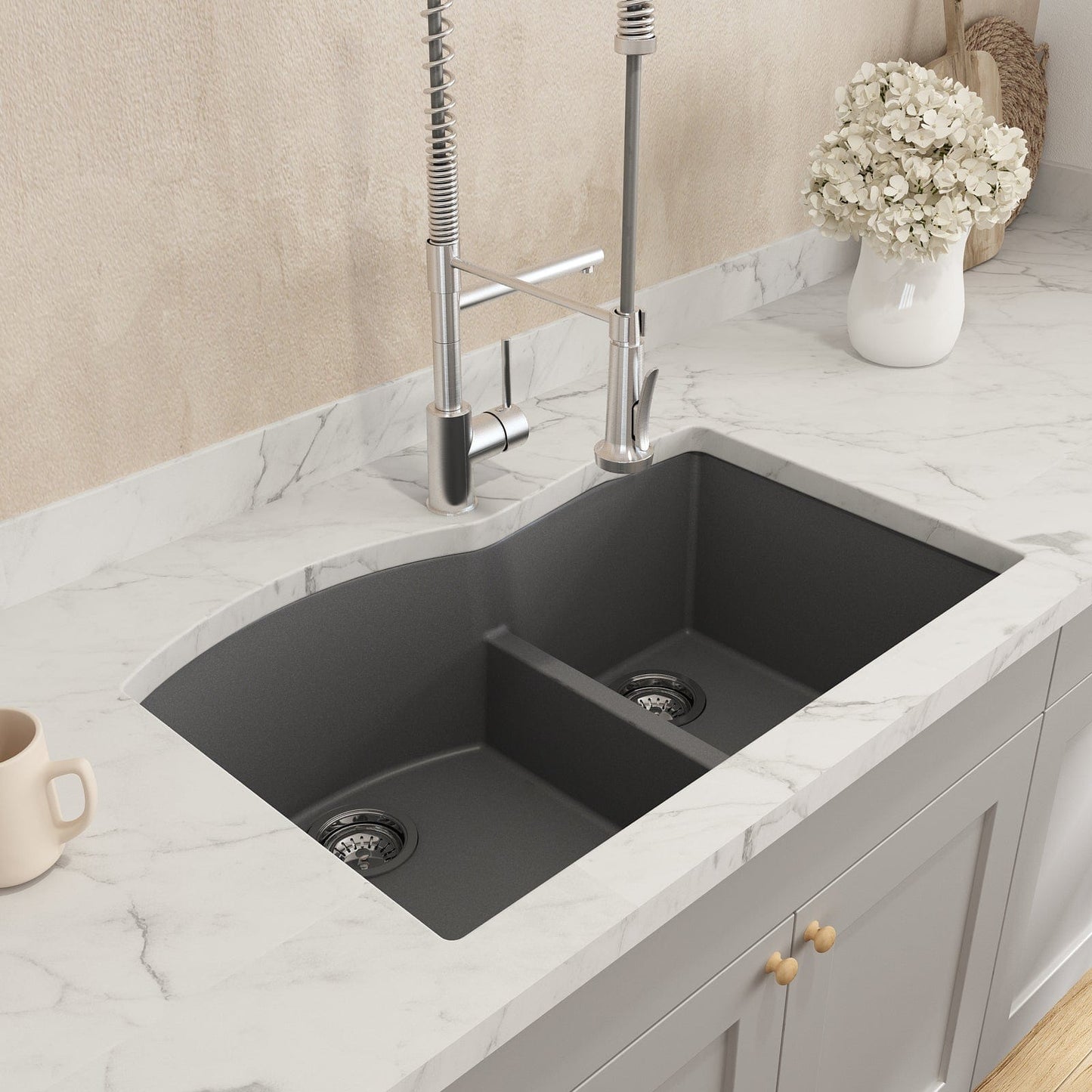 BOCCHI CAMPINO DUO 33" Dual Mount 60/40 Double Bowl Granite Kitchen Sink with Strainers in charcoal finish with faucet