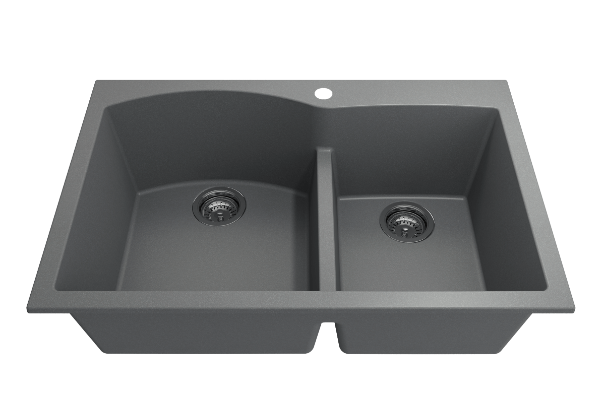 BOCCHI CAMPINO DUO 33" Dual Mount 60/40 Double Bowl Granite Kitchen Sink with Strainers in sleek grey finish, top view.