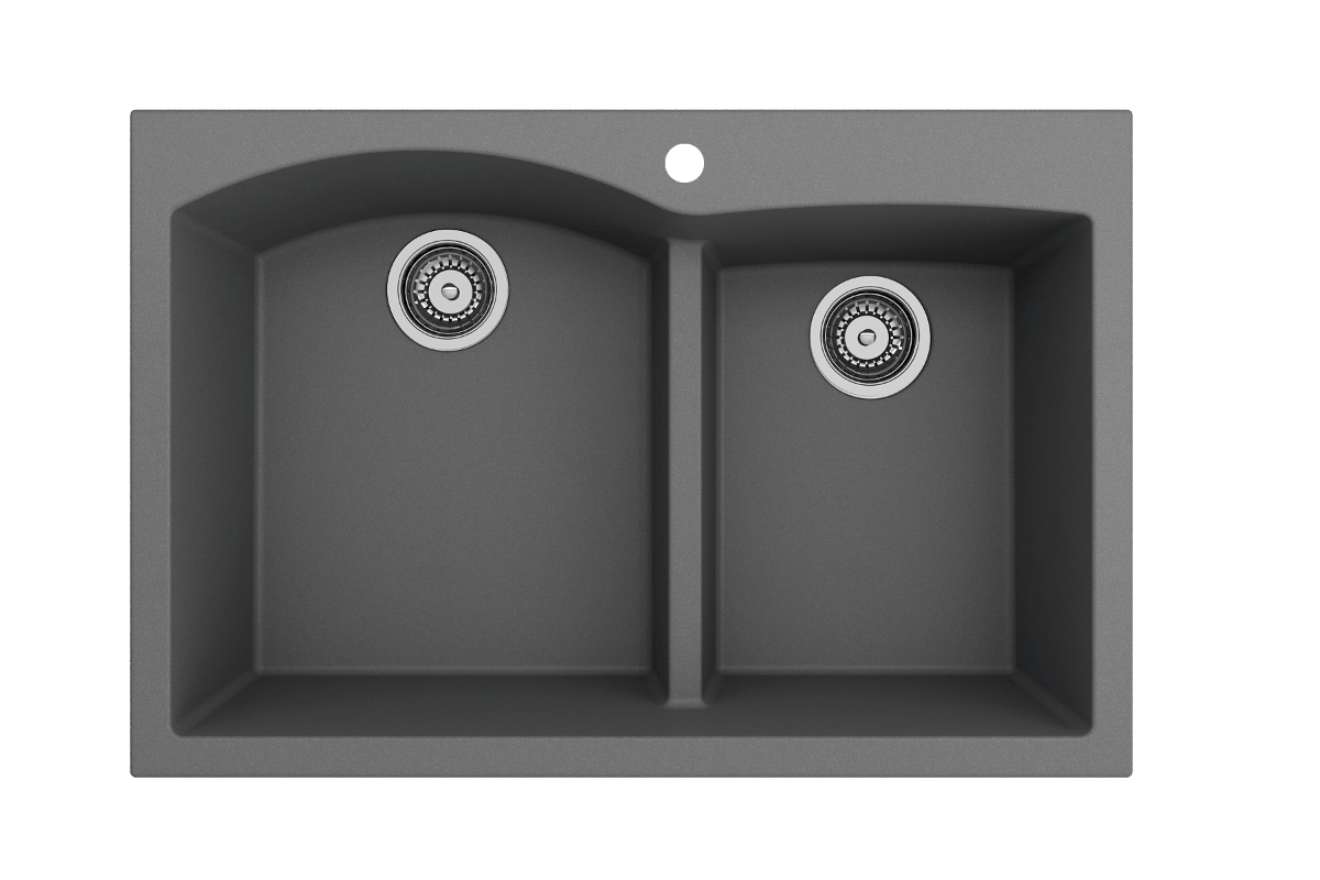 BOCCHI CAMPINO DUO 33" Dual Mount 60/40 Double Bowl Granite Kitchen Sink with Strainers in slate finish, top view.