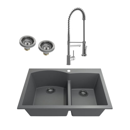 BOCCHI CAMPINO DUO 33" Granite Composite Kitchen Sink & Strainers with Maggiore 2.0 Faucet