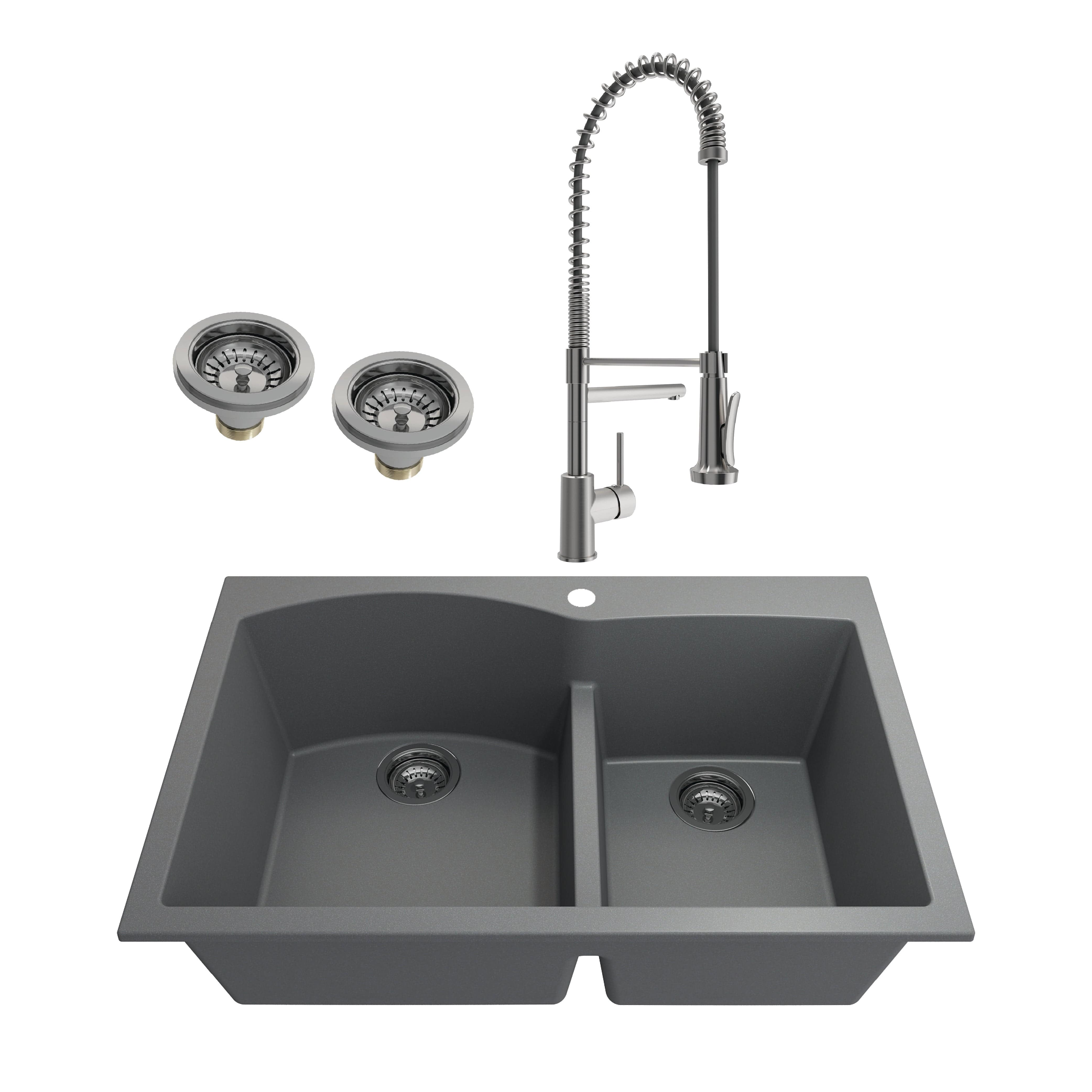 BOCCHI CAMPINO DUO 33" Granite Composite Kitchen Sink & Strainers with Maggiore 2.0 Faucet