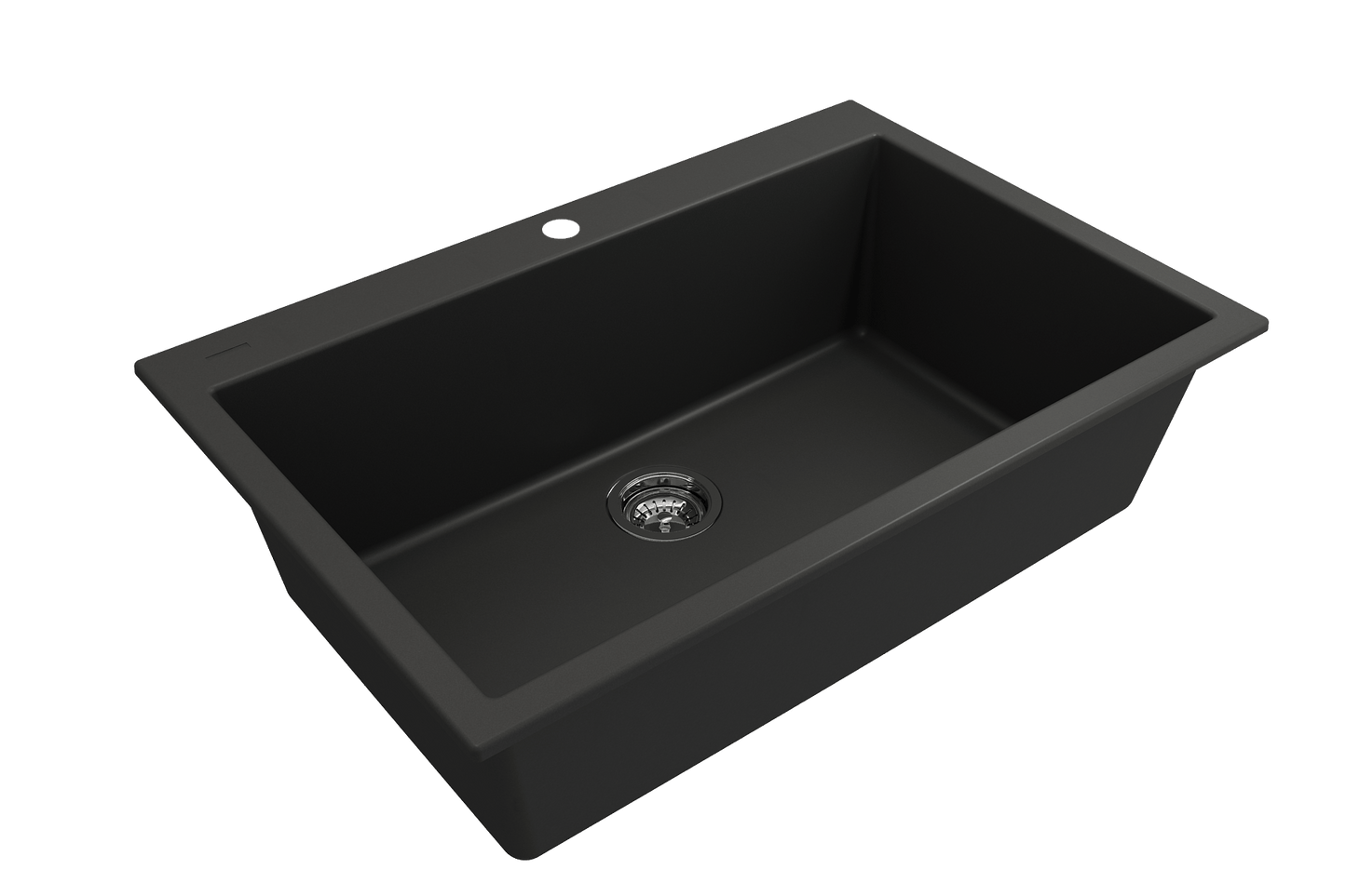 CAMPINO UNO 33" Single Bowl Dual Mount Granite Kitchen Sink with Strainer in elegant black finish.
