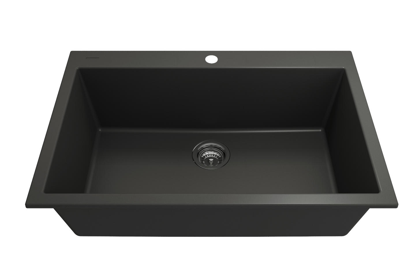 CAMPINO UNO 33" Single Bowl Dual Mount Granite Kitchen Sink with Strainer in sleek black finish.