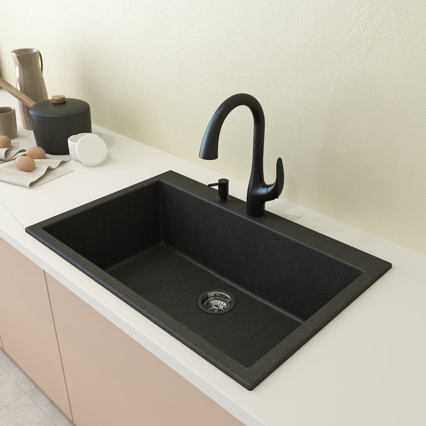 CAMPINO UNO 33" Single Bowl Dual Mount Granite Kitchen Sink with Strainer in sleek black design.