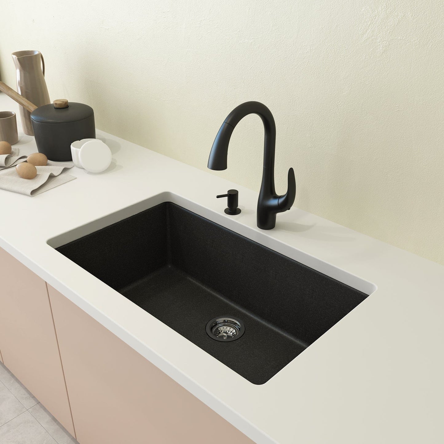 CAMPINO UNO 33" Single Bowl Dual Mount Granite Kitchen Sink with Strainer in modern kitchen setting.