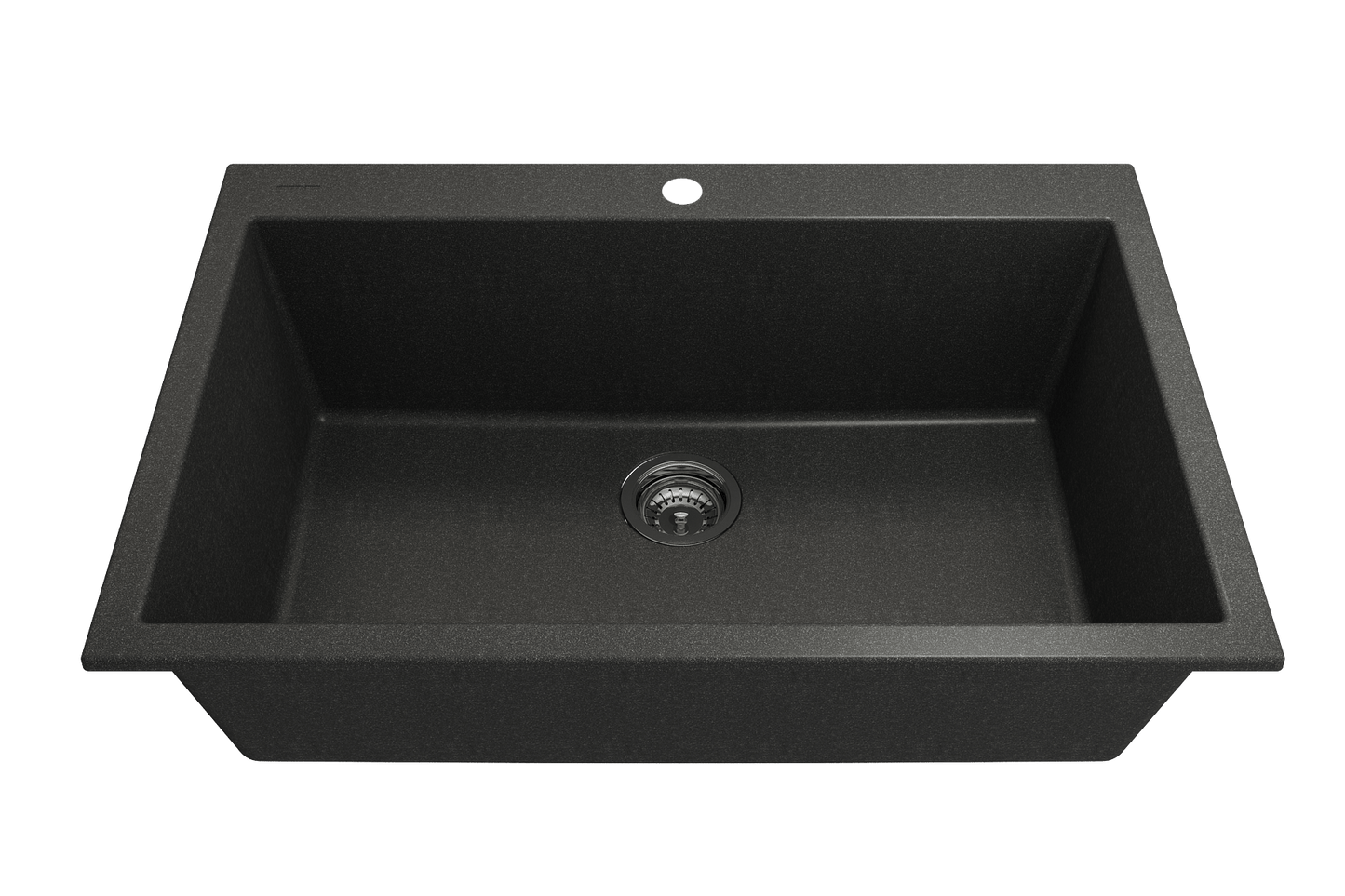 CAMPINO UNO 33" Single Bowl Dual Mount Granite Kitchen Sink with Strainer in elegant black finish.
