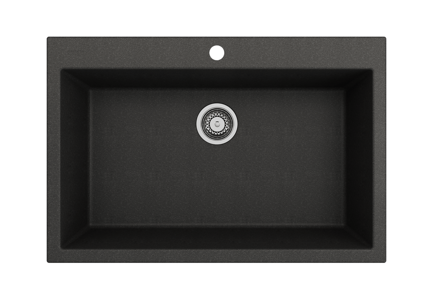 CAMPINO UNO 33" Single Bowl Dual Mount Granite Kitchen Sink with Strainer top view showcasing a matte black finish.