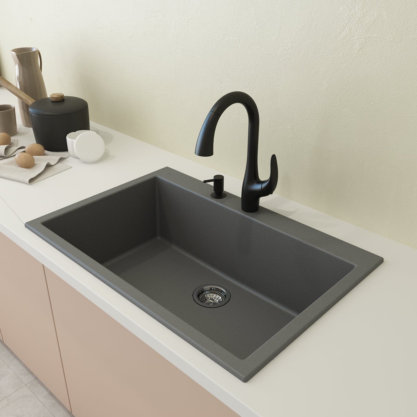 CAMPINO UNO 33" Single Bowl Dual Mount Granite Kitchen Sink with Strainer in a modern kitchen setting.