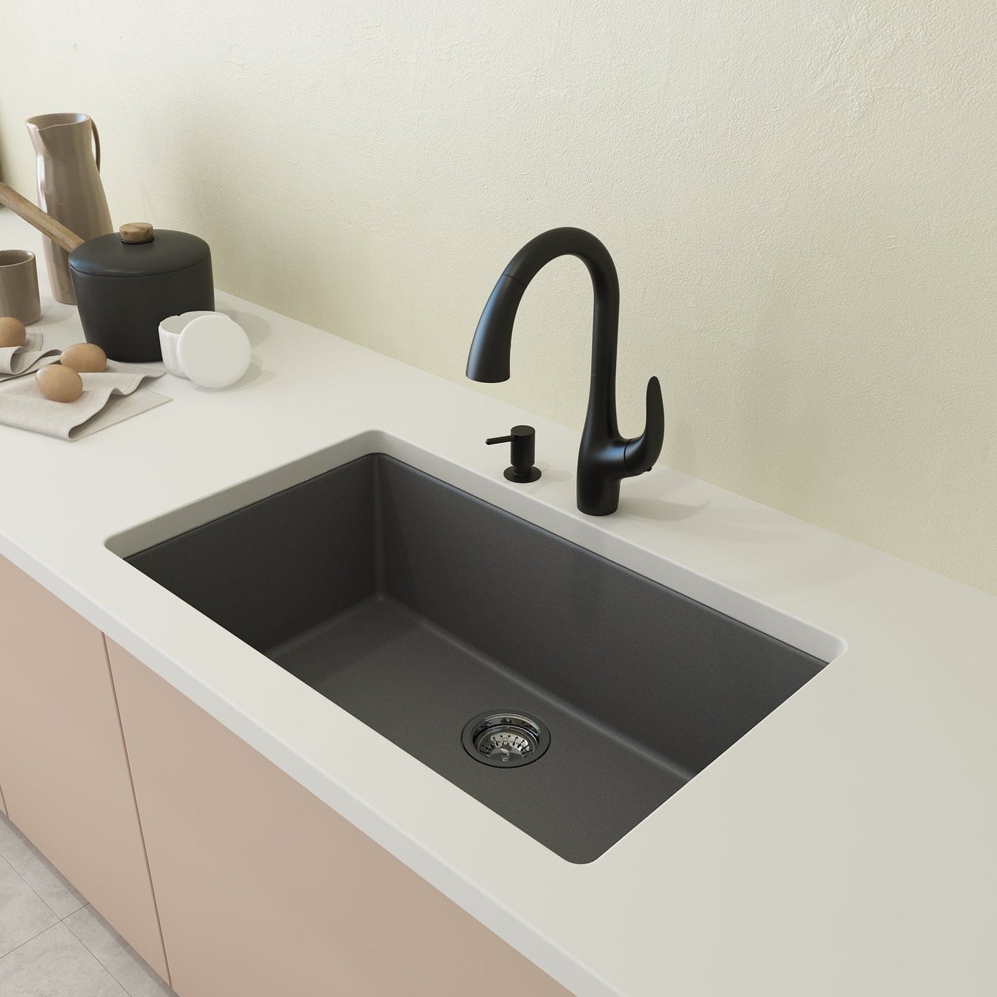 CAMPINO UNO 33" Single Bowl Dual Mount Granite Kitchen Sink with Strainer in modern kitchen setting.