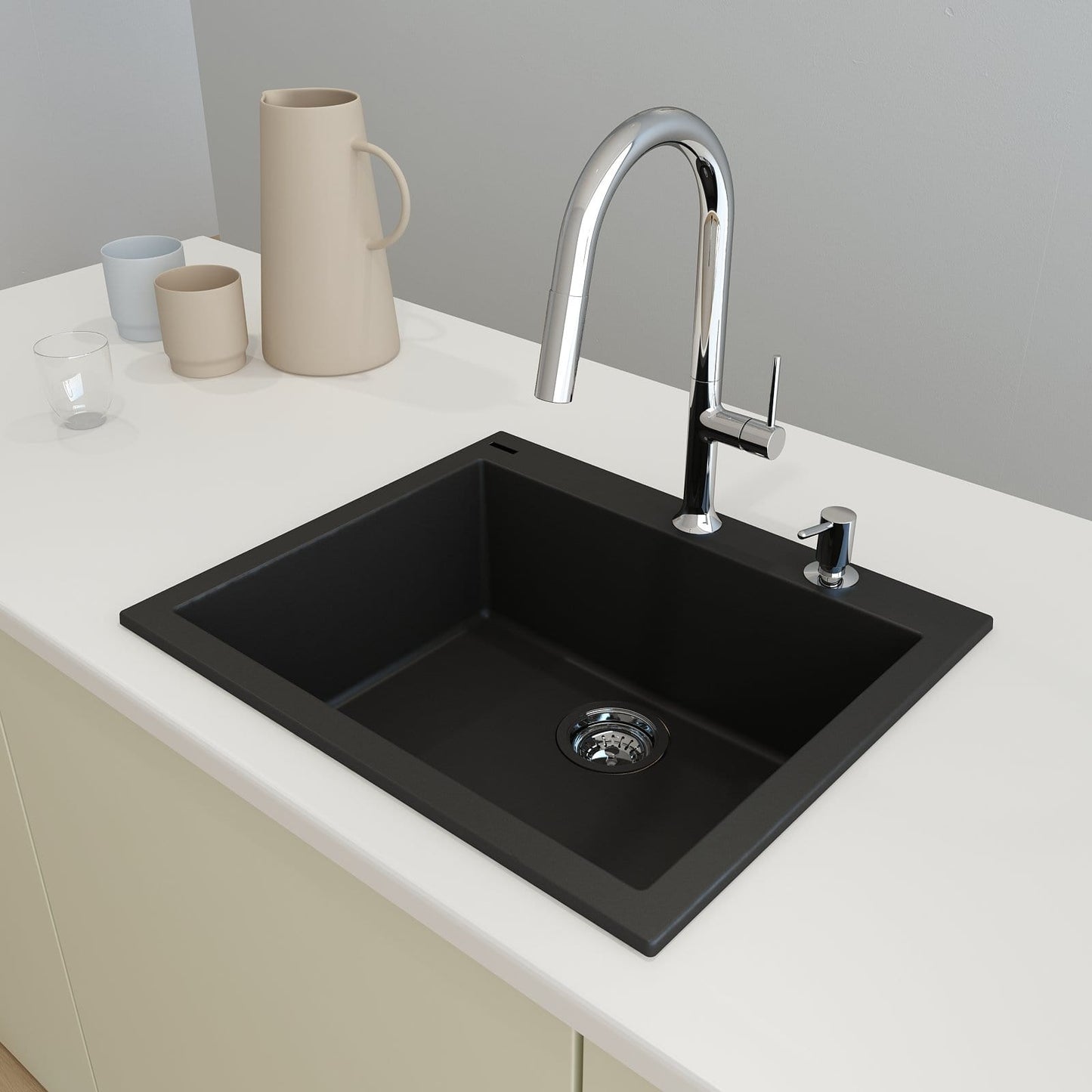 CAMPINO UNO 24" Single Bowl Dual Mount Granite Kitchen Sink with Strainer in Matte Black, top view, modern kitchen setup.