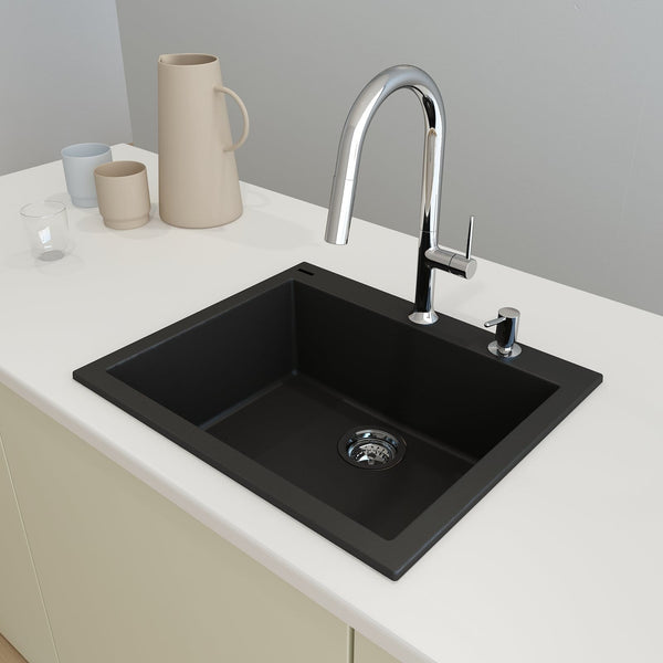 CAMPINO UNO 24 Single Bowl Dual Mount Granite Kitchen Sink with Strainer