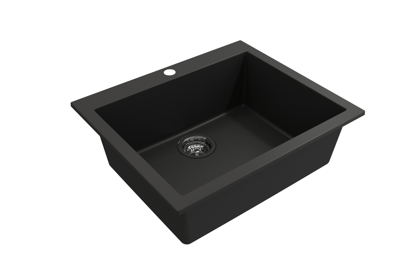 CAMPINO UNO 24" Single Bowl Dual Mount Granite Kitchen Sink with Strainer in black finish, top right view showcasing the strainer.