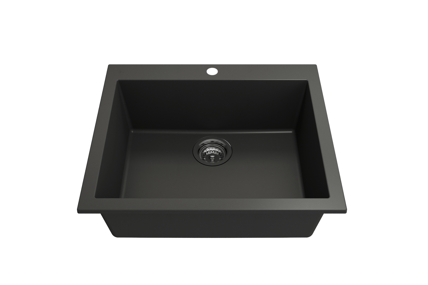 CAMPINO UNO 24" Single Bowl Dual Mount Granite Kitchen Sink with Strainer in sleek black finish, top view with strainer included.