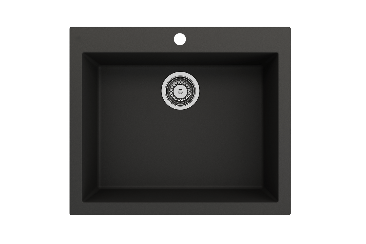CAMPINO UNO 24" Single Bowl Dual Mount Granite Kitchen Sink with Strainer in sleek black top-down view.