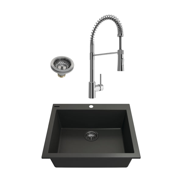 BOCCHI CAMPINO UNO 24 Granite Composite Kitchen Sink & Strainers with Livenza 2.0 Faucet