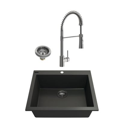 BOCCHI CAMPINO UNO 24" Matte Black Granite Sink with Livenza Faucet, stainless steel, sleek design, modern kitchen.