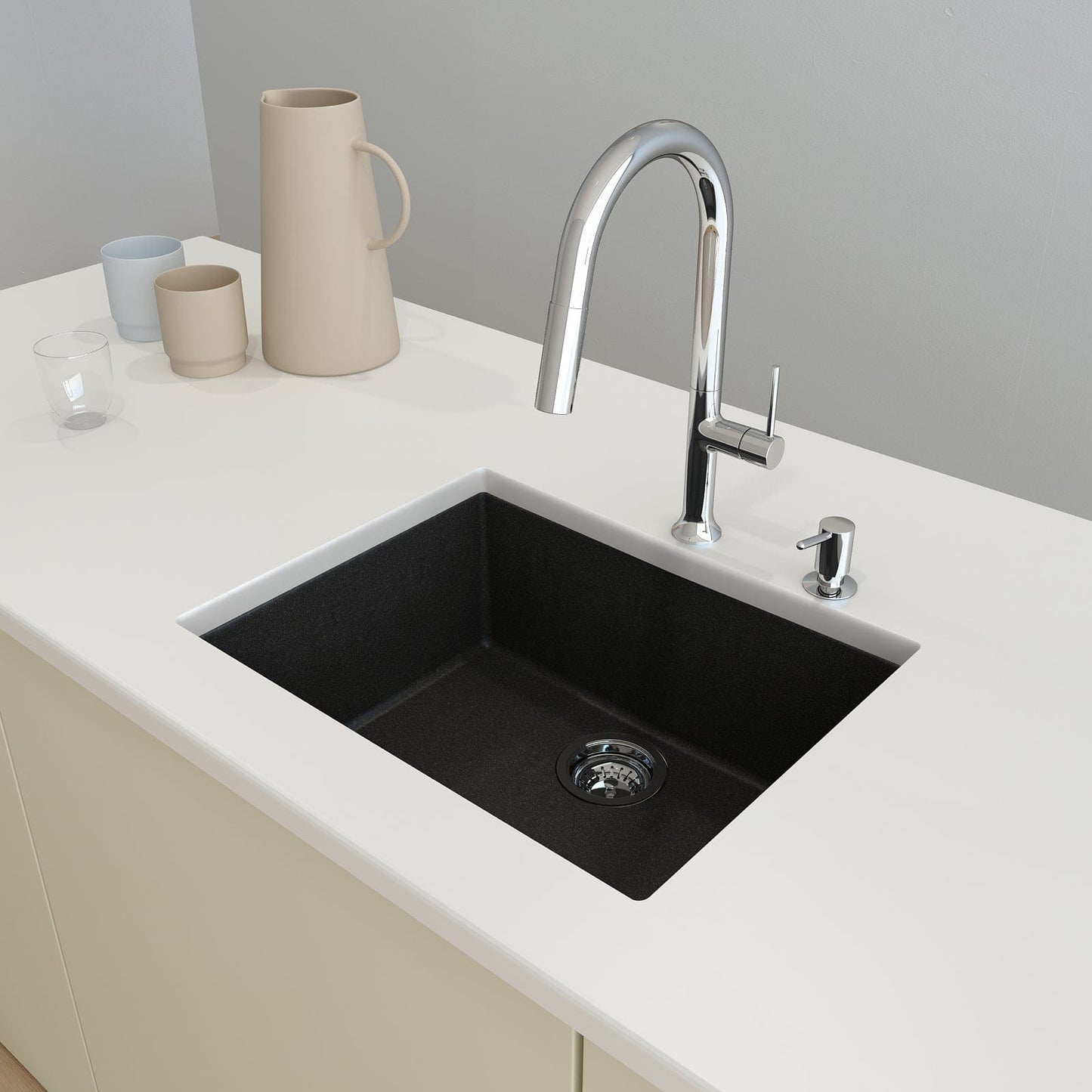 CAMPINO UNO 24" Single Bowl Dual Mount Granite Kitchen Sink with Strainer in black, top view with modern faucet.
