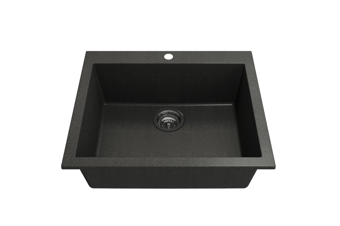 CAMPINO UNO 24" Single Bowl Dual Mount Granite Kitchen Sink with Strainer top view black finish