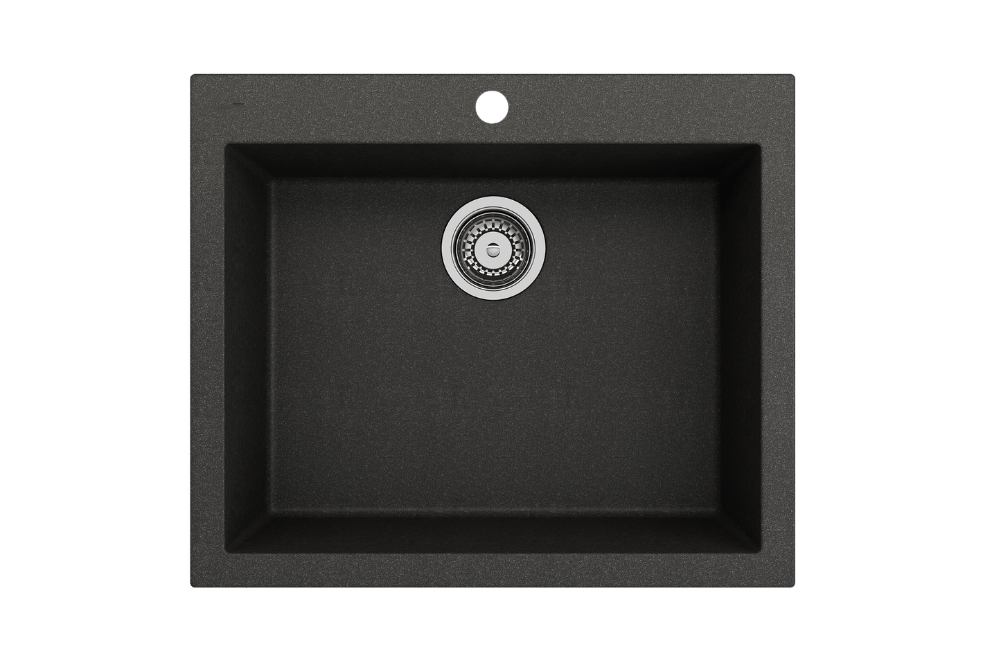 CAMPINO UNO 24" Single Bowl Dual Mount Granite Kitchen Sink with Strainer in matte black finish, top view showcasing drain.