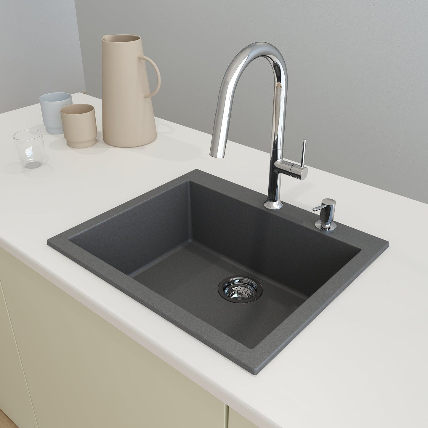 CAMPINO UNO 24" Single Bowl Dual Mount Granite Kitchen Sink with Strainer in Concrete Gray, top view with faucet.