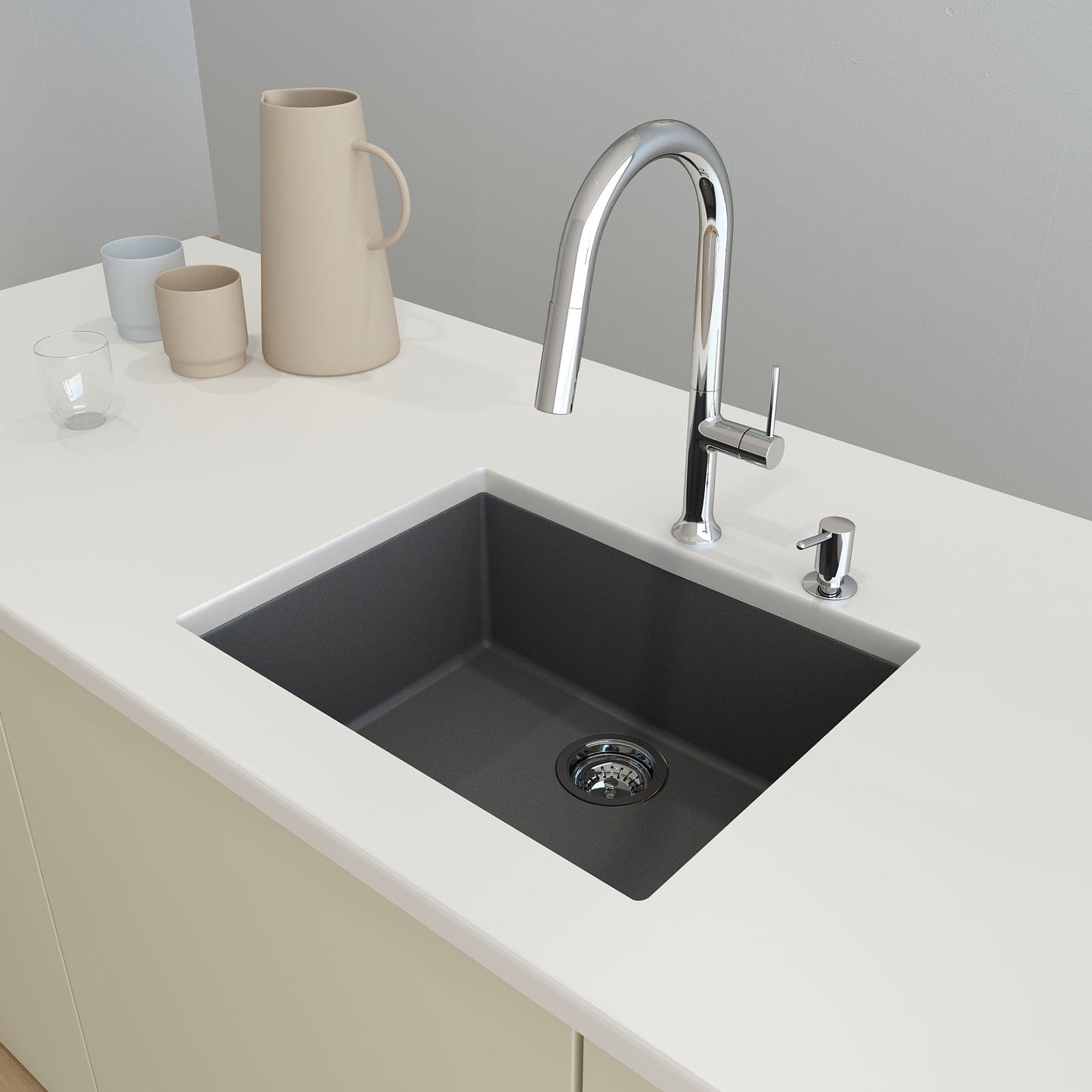 CAMPINO UNO 24" Single Bowl Dual Mount Granite Kitchen Sink with Strainer in graphite finish from top view on countertop.