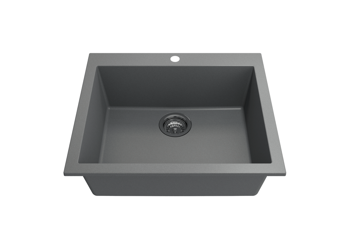 CAMPINO UNO 24" Single Bowl Dual Mount Granite Kitchen Sink with Strainer in sleek grey finish from the top view.