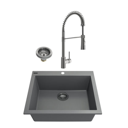 BOCCHI CAMPINO UNO 24" Concrete Gray Granite Sink with Livenza Faucet featuring stainless steel drain and flexible spout.