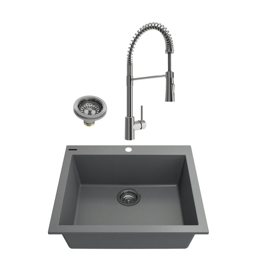 BOCCHI CAMPINO UNO 24" Concrete Gray Granite Sink with Livenza Faucet featuring stainless steel drain and flexible spout.