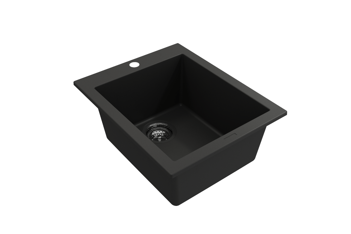 CAMPINO UNO 16" Single Bowl Dual Mount Granite Bar Sink with Strainer in sleek black finish, top right side view showcasing strainer.