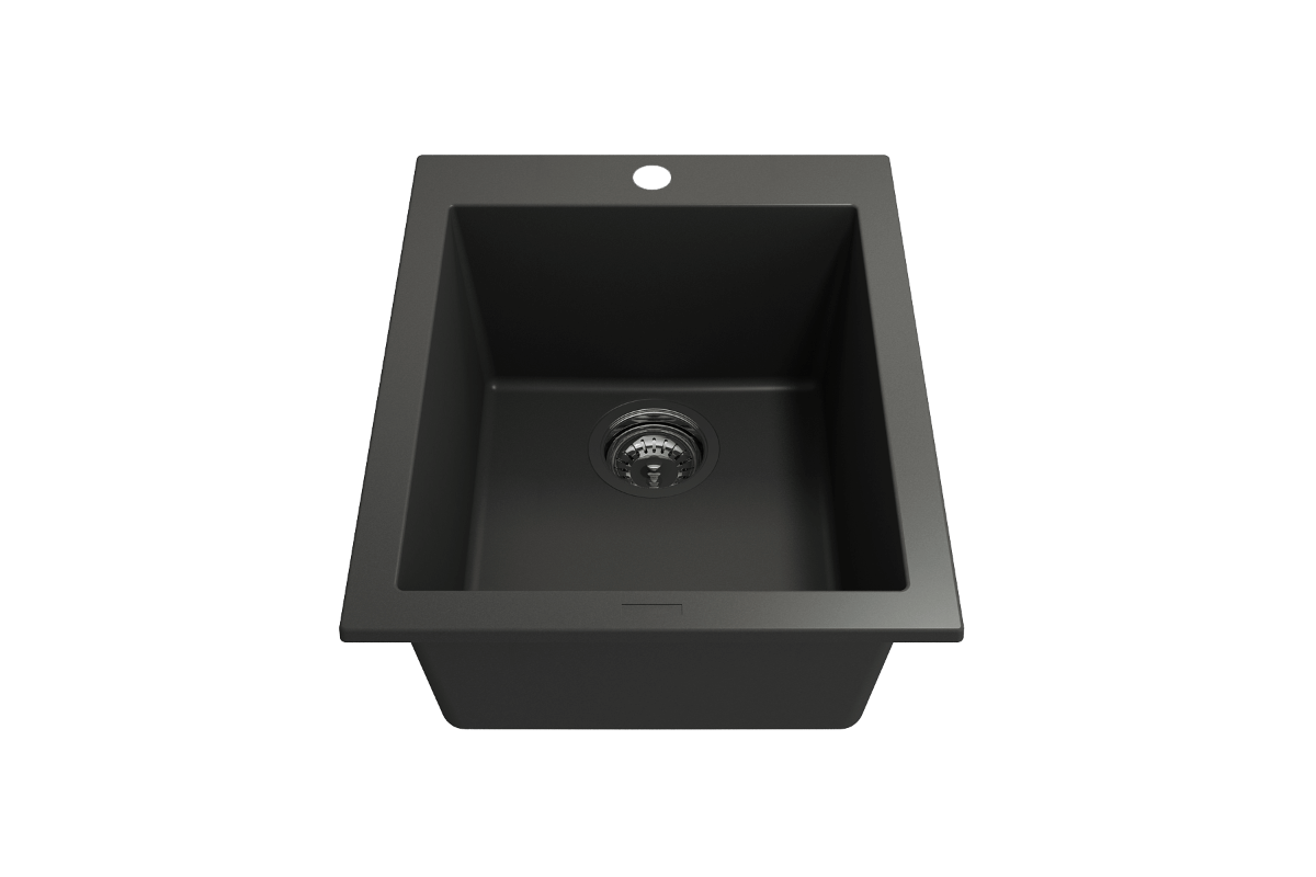 CAMPINO UNO 16" Single Bowl Dual Mount Granite Bar Sink with Strainer in sleek black finish, top-down view showcasing its compact design.