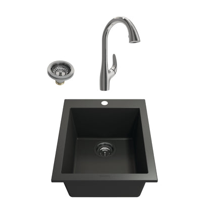 BOCCHI CAMPINO UNO 16" Matte Black Granite Bar Sink with Pagano Faucet, striking granite composite design with stainless steel faucet.