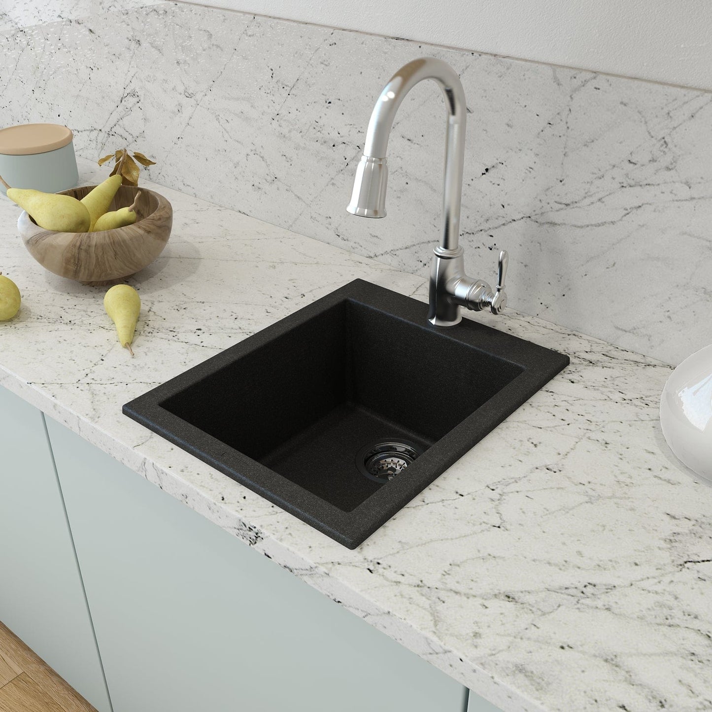 CAMPINO UNO 16" Single Bowl Dual Mount Granite Bar Sink with Strainer in metallic black on a marble countertop with faucet.