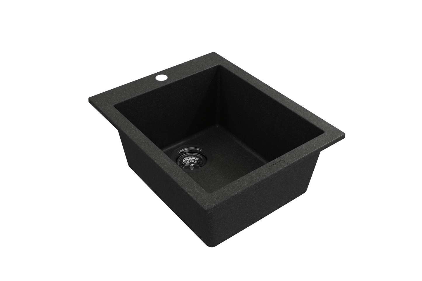 CAMPINO UNO 16" Single Bowl Dual Mount Granite Bar Sink with Strainer in black, showcasing right side view and drain.