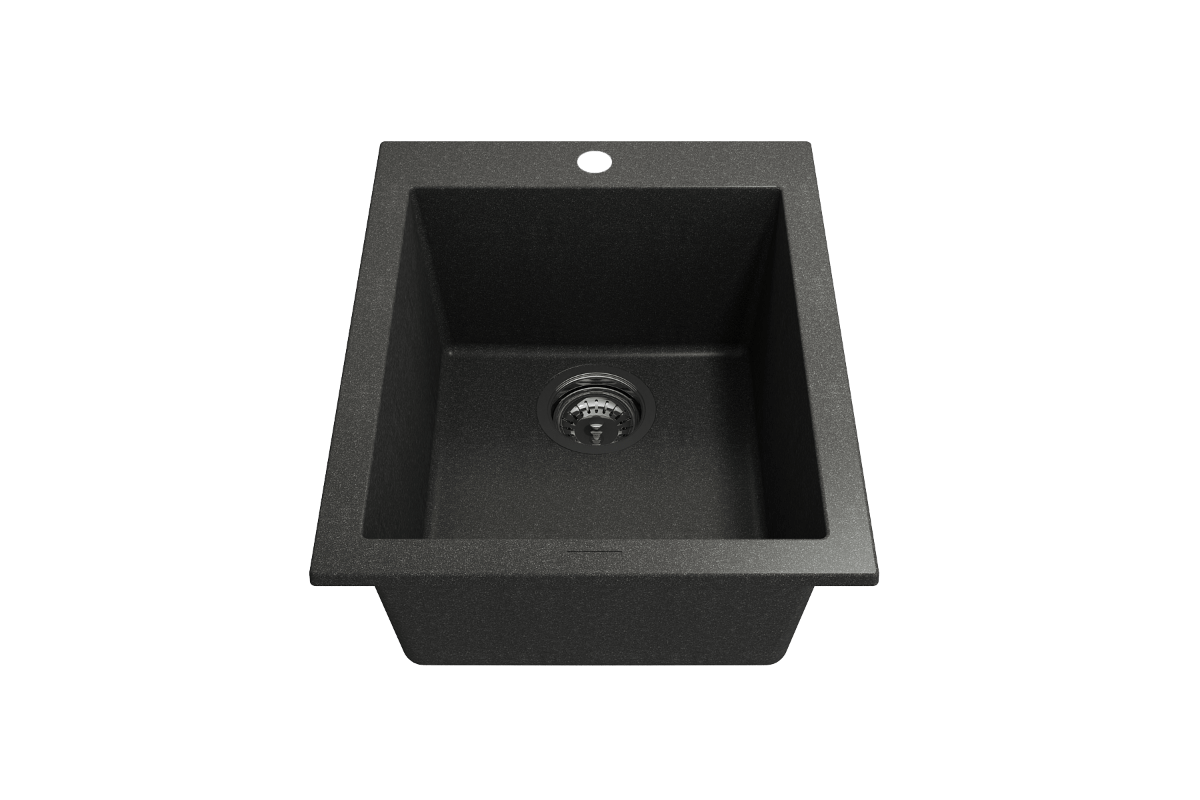 CAMPINO UNO 16" Single Bowl Dual Mount Granite Bar Sink with Strainer, top view in sleek black finish.