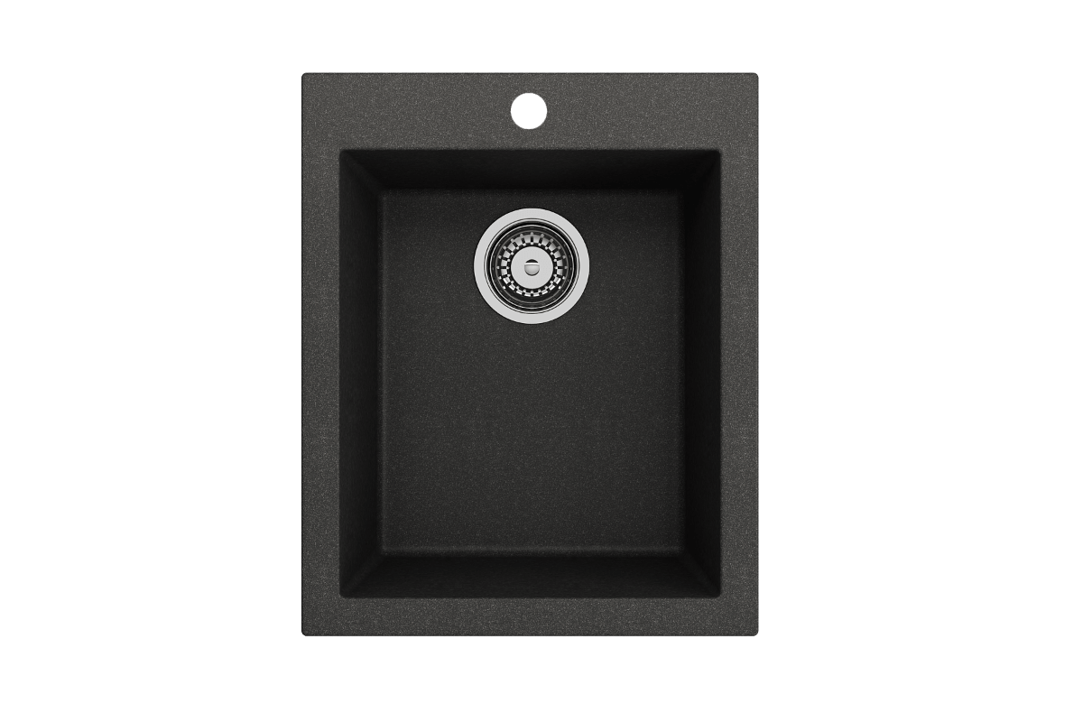 CAMPINO UNO 16" Single Bowl Dual Mount Granite Bar Sink with Strainer in sleek black finish, top view showcasing strainer.