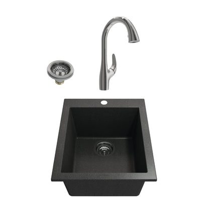 BOCCHI CAMPINO UNO 16" Metallic Black Granite Bar Sink with Pagano Faucet showcasing stainless steel drain and faucet design.