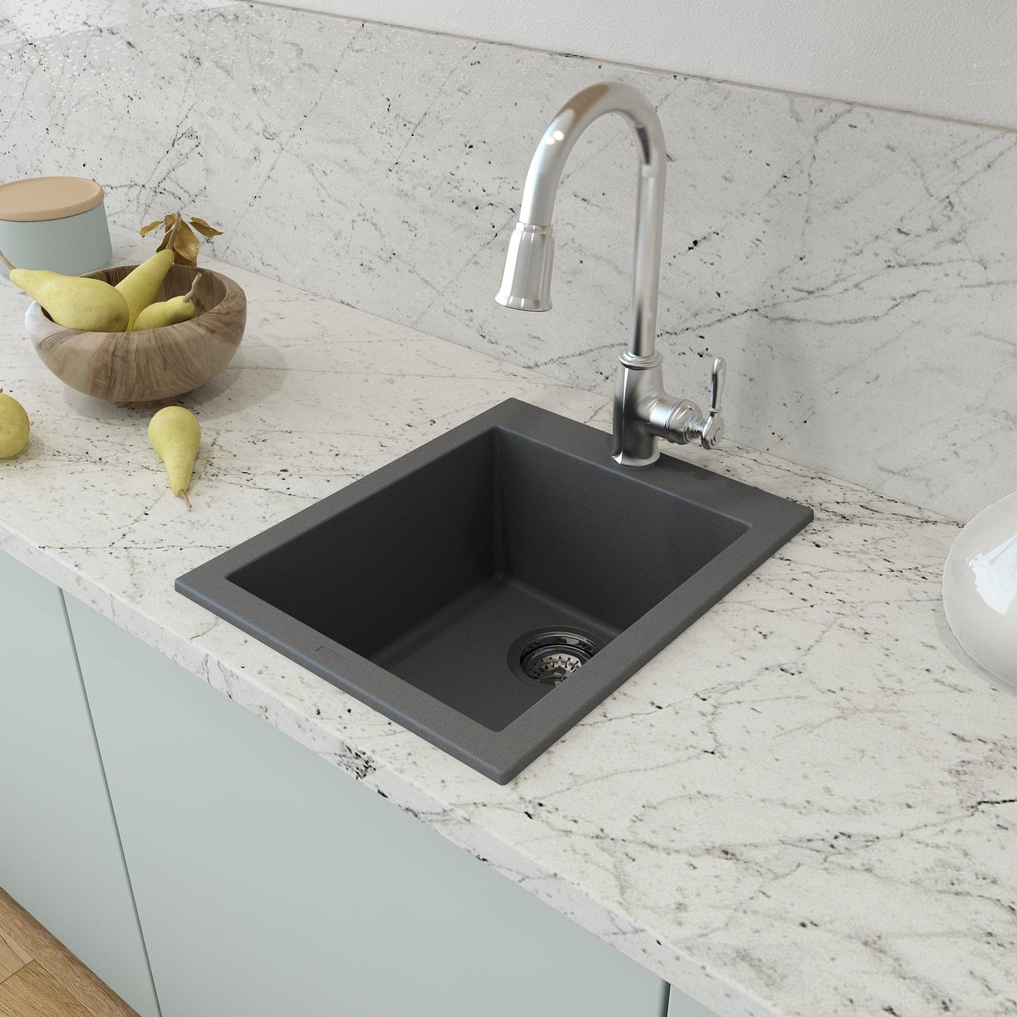 CAMPINO UNO 16" Single Bowl Dual Mount Granite Bar Sink with Strainer in Concrete Gray, top view on marble countertop.