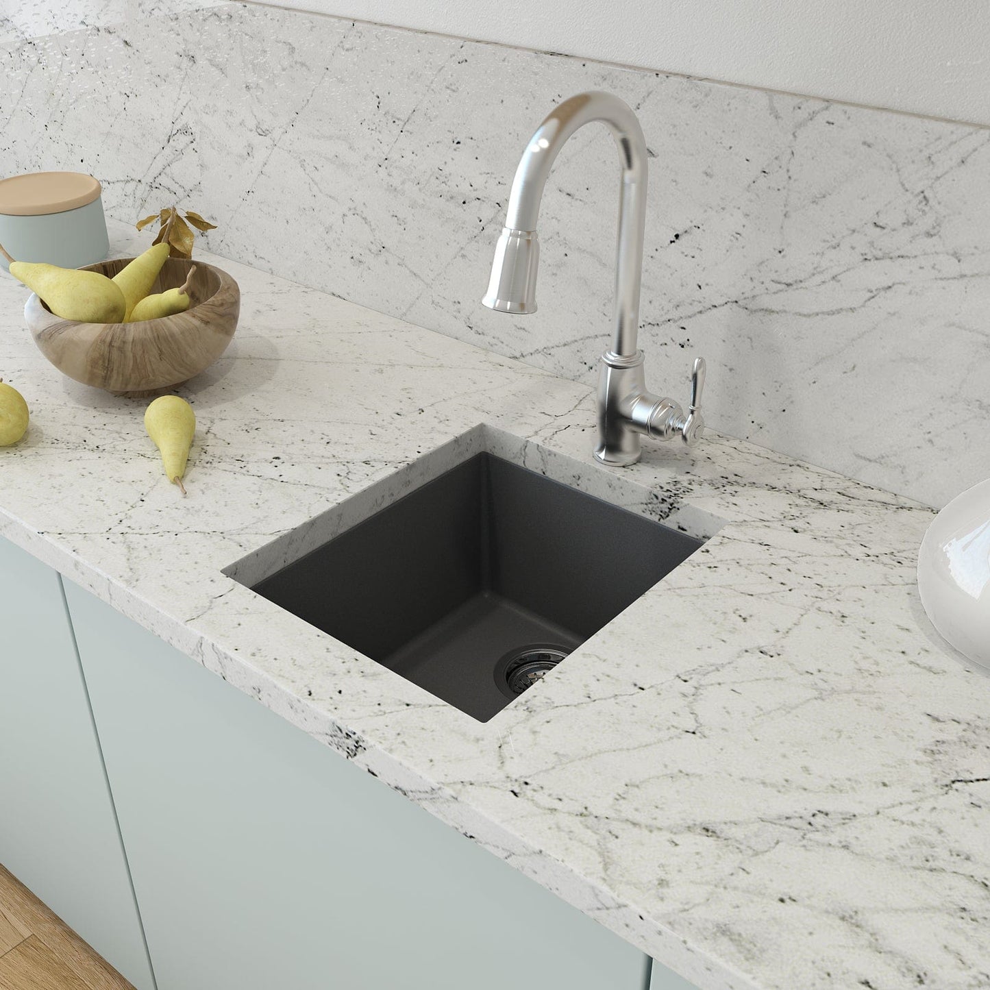 CAMPINO UNO 16" Single Bowl Dual Mount Granite Bar Sink with Strainer in black, right side view with marble countertop detail.