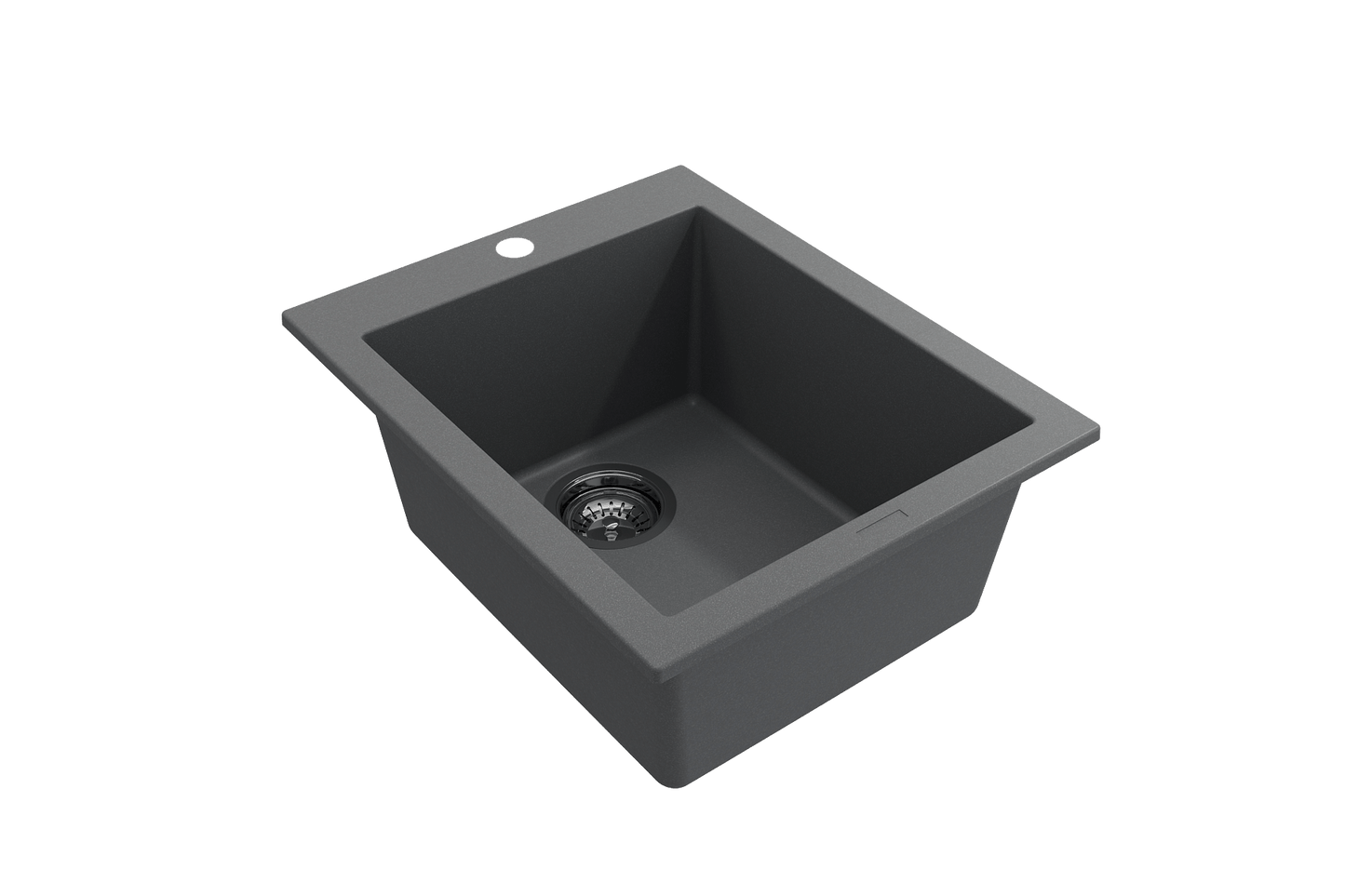 CAMPINO UNO 16" Single Bowl Dual Mount Granite Bar Sink with Strainer in sleek black finish, right side view showcasing depth.