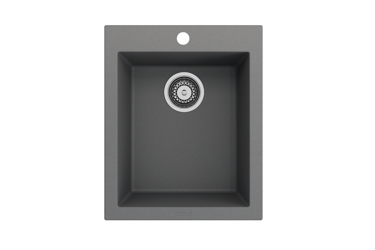 CAMPINO UNO 16" Single Bowl Dual Mount Granite Bar Sink with Strainer in sleek charcoal finish, top view highlighting drain.