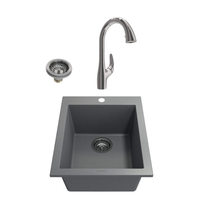 BOCCHI CAMPINO UNO 16" Concrete Gray Granite Bar Sink with Pagano Faucet and drain assembly, showcasing Italian design.