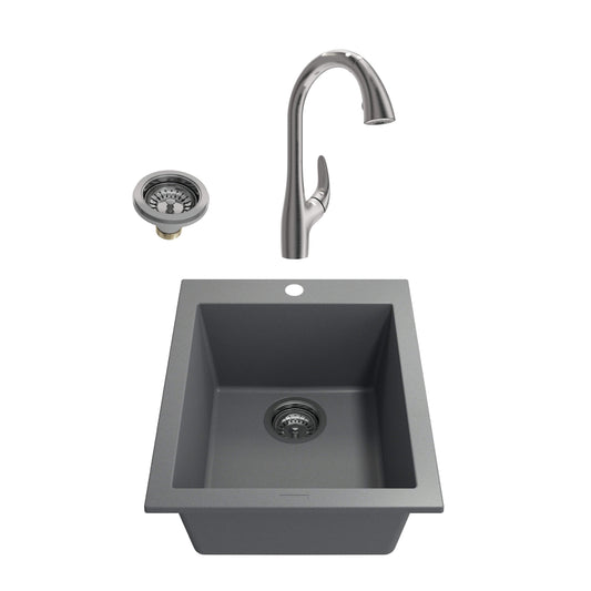 BOCCHI CAMPINO UNO 16" Concrete Gray Granite Bar Sink with Pagano Faucet and drain assembly, showcasing Italian design.
