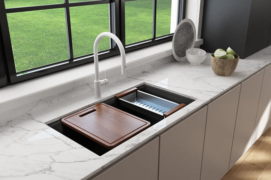 BOCCHI BAVENO LUX 34" Dual-Mount Single Bowl Granite Composite Kitchen Sink with Integrated Workstation and Accessories in Matte Black with wood cover