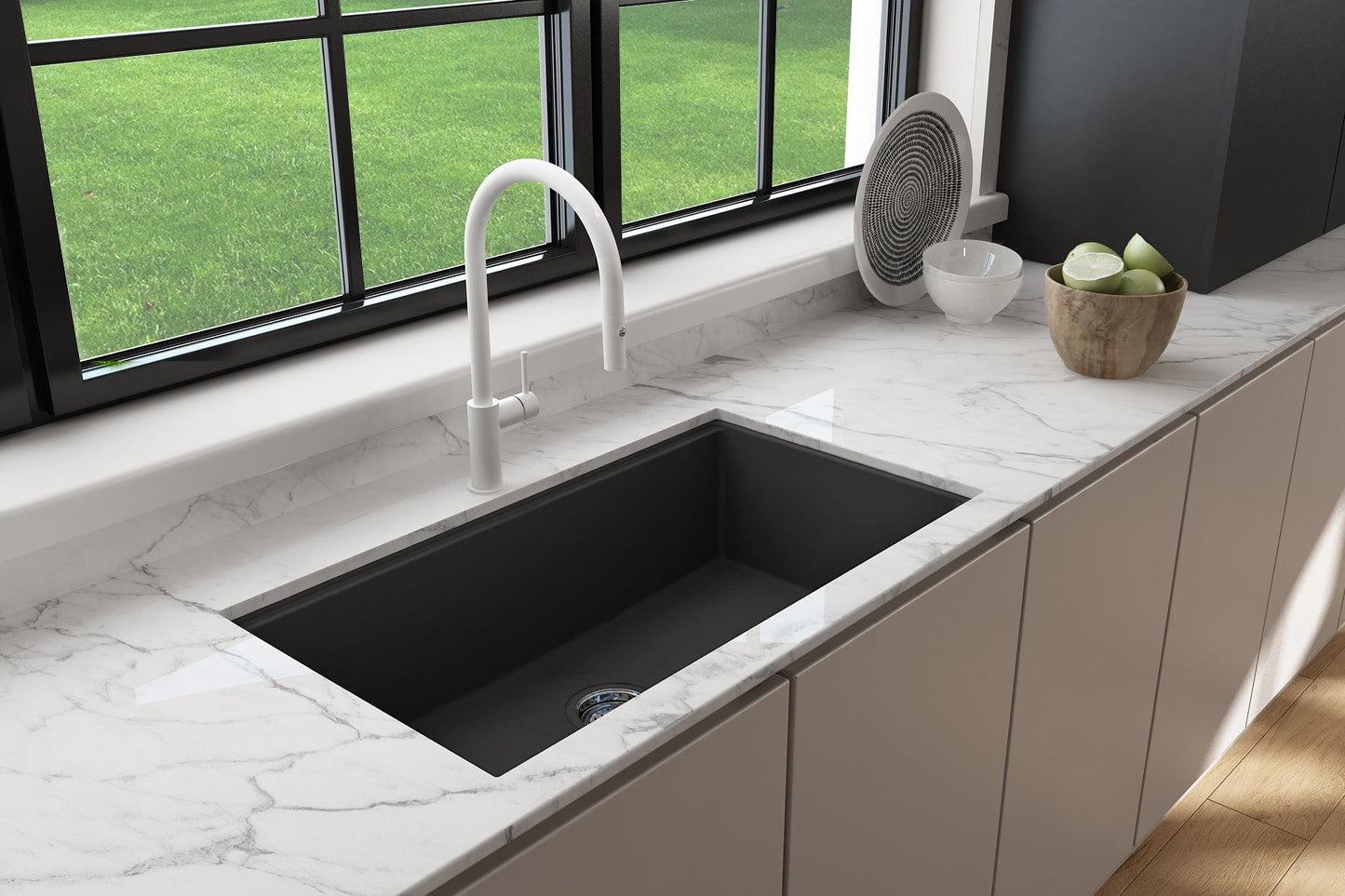 BOCCHI BAVENO LUX 34" Dual-Mount Single Bowl Granite Composite Kitchen Sink with Integrated Workstation in black.