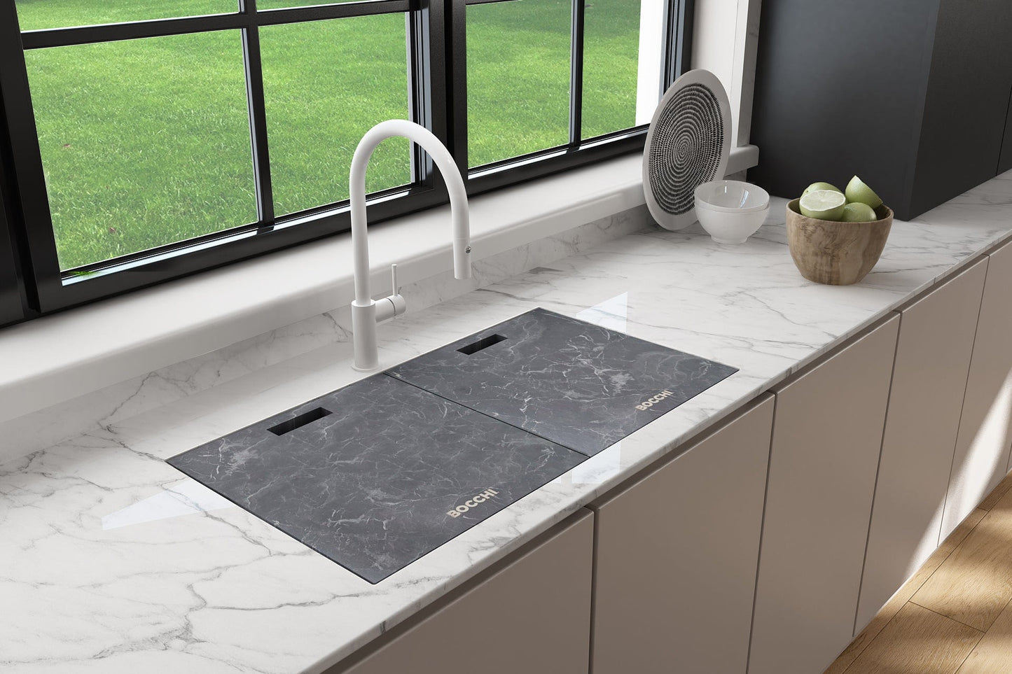 BOCCHI BAVENO LUX 34" Dual-Mount Single Bowl Granite Composite Kitchen Sink with Integrated Workstation and Accessories with Covers in gray.